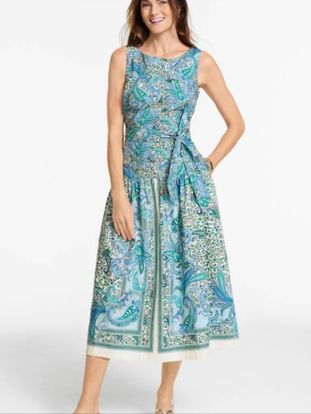 Talbots Modern Sleeveless Blue Paisley Midi Dress with Waist Tie Blue Green 8